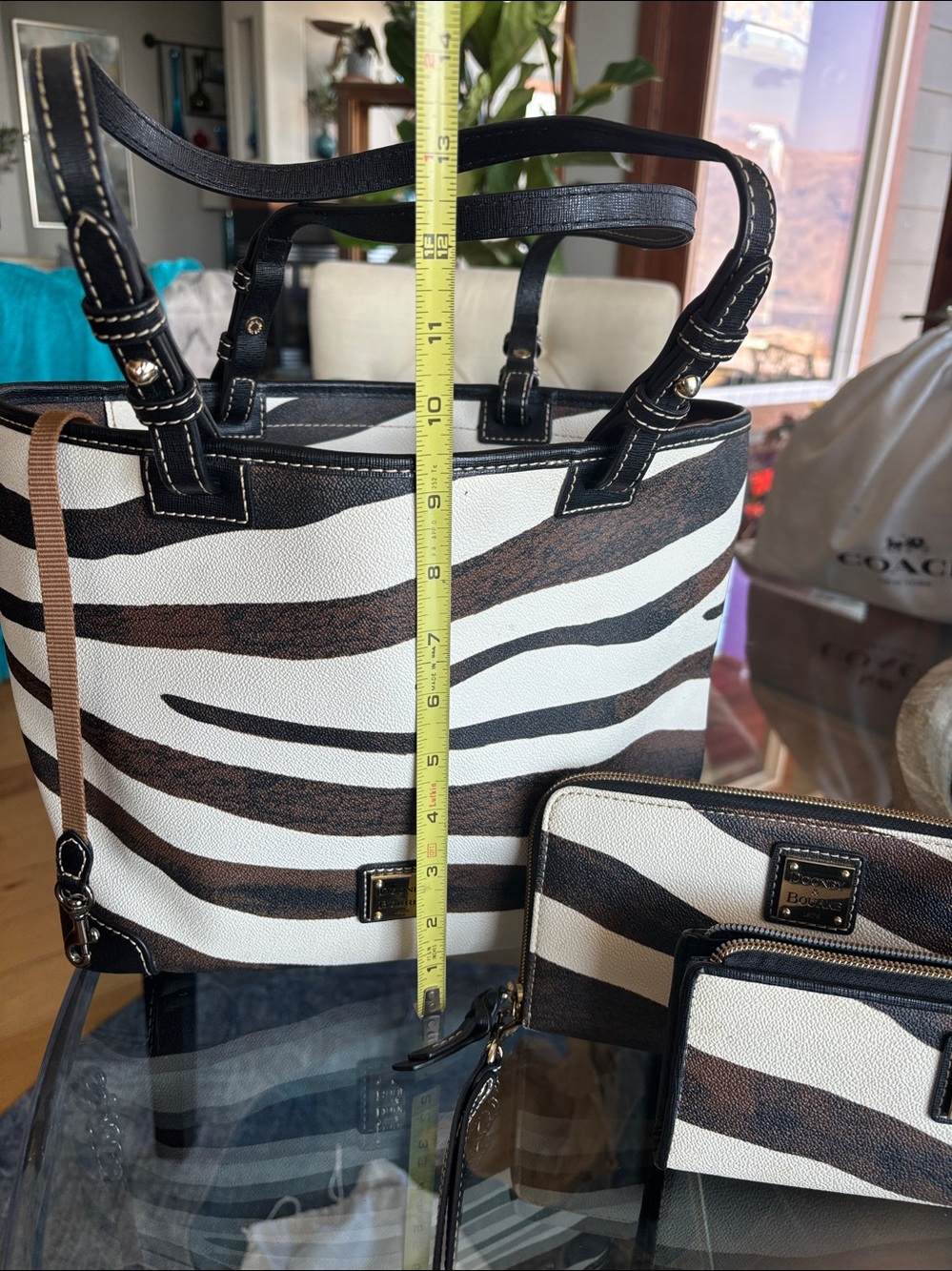Dooney & Bourke leather Brown & White Zebra-Stripe Tote with Black Trim - Picture 2 of 6